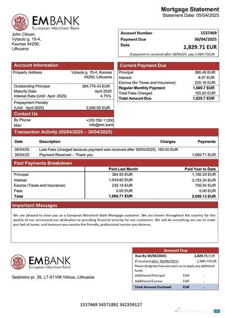 Download Lithuania European Merchant Bank mortgage statement Word and PDF template Photoshop template